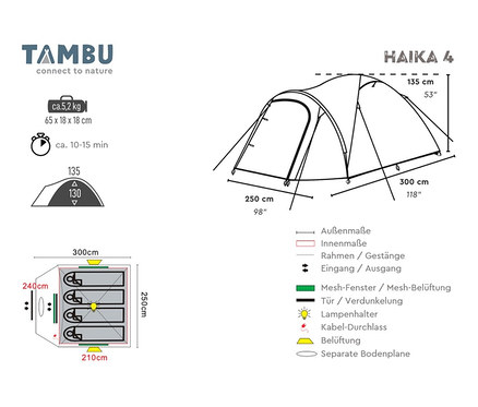 Diagramm der Abmessungen und Eigenschaften des Tambu 4-Personen-Kuppelzelts »HAIKA 4«.
