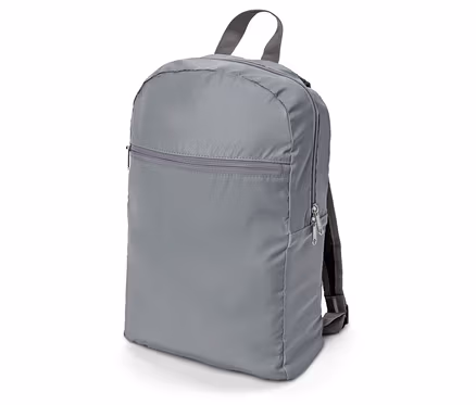 Grauer Rucksack mit silbernen Reißverschlüssen und grauen Trägern.