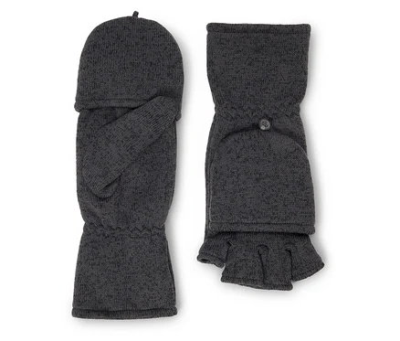 Zwei graue Strickhandschuhe ohne Finger mit umklappbarem Oberteil.