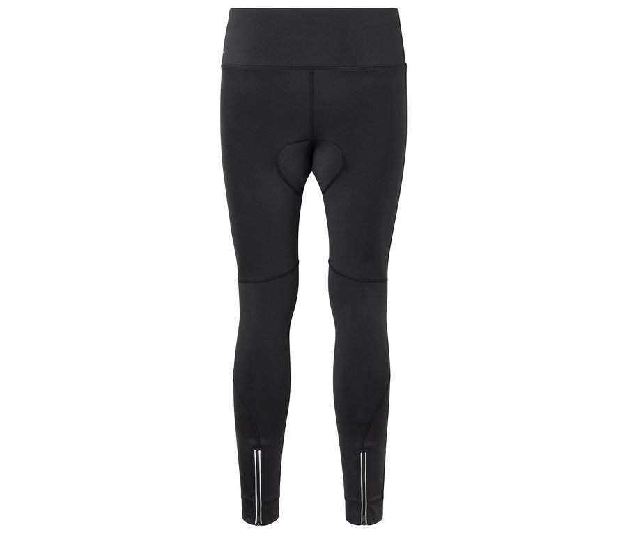 Schwarze Radhose mit hohem Bund und Reißverschlüssen an den Knöcheln.