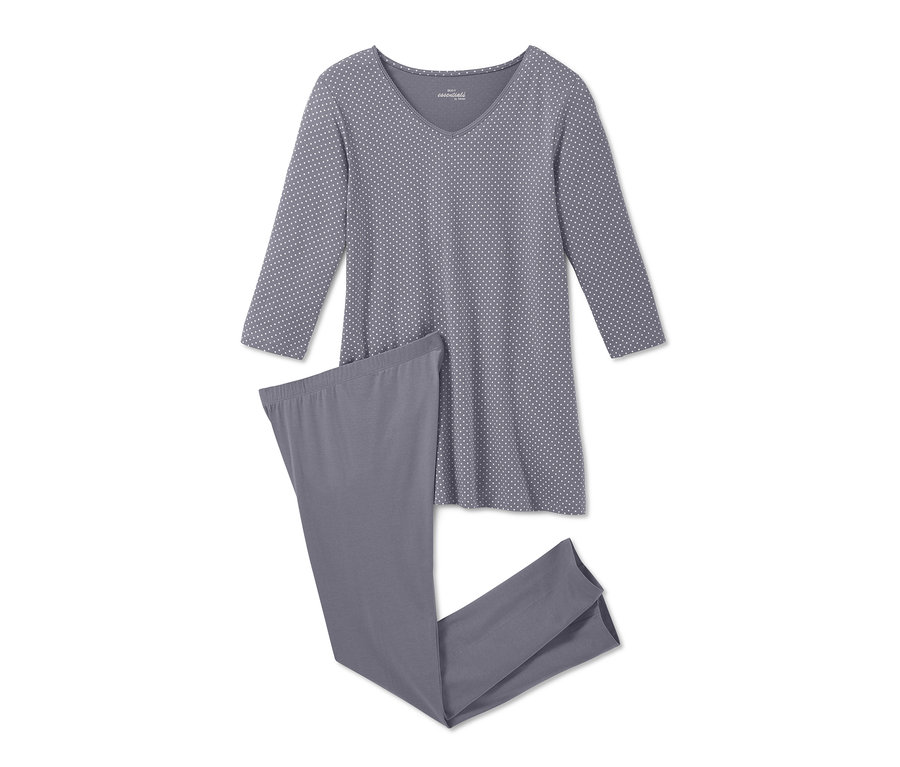 Grauer Pyjama mit langen Ärmeln und Punktmuster.