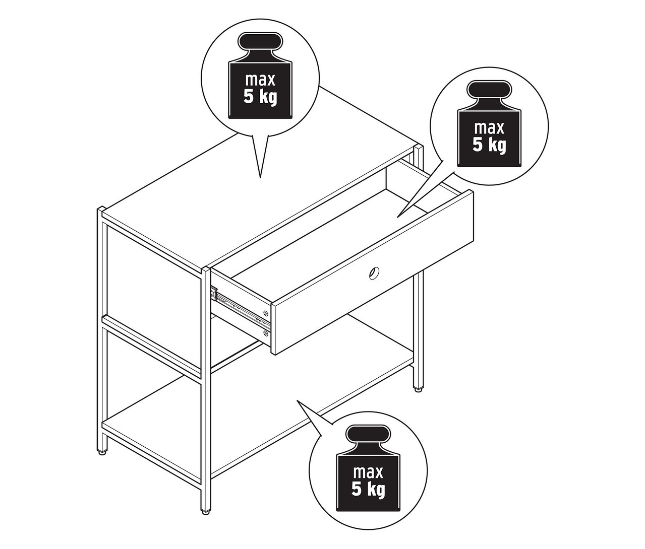 Skizze einer KLAAR Kommode mit 2 Schubladen, wobei eine Schublade geöffnet ist.