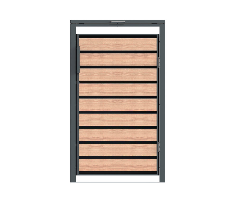 Mülltonnenbox, 5er mit horizontalen Holzlatten und grauem Rahmen.