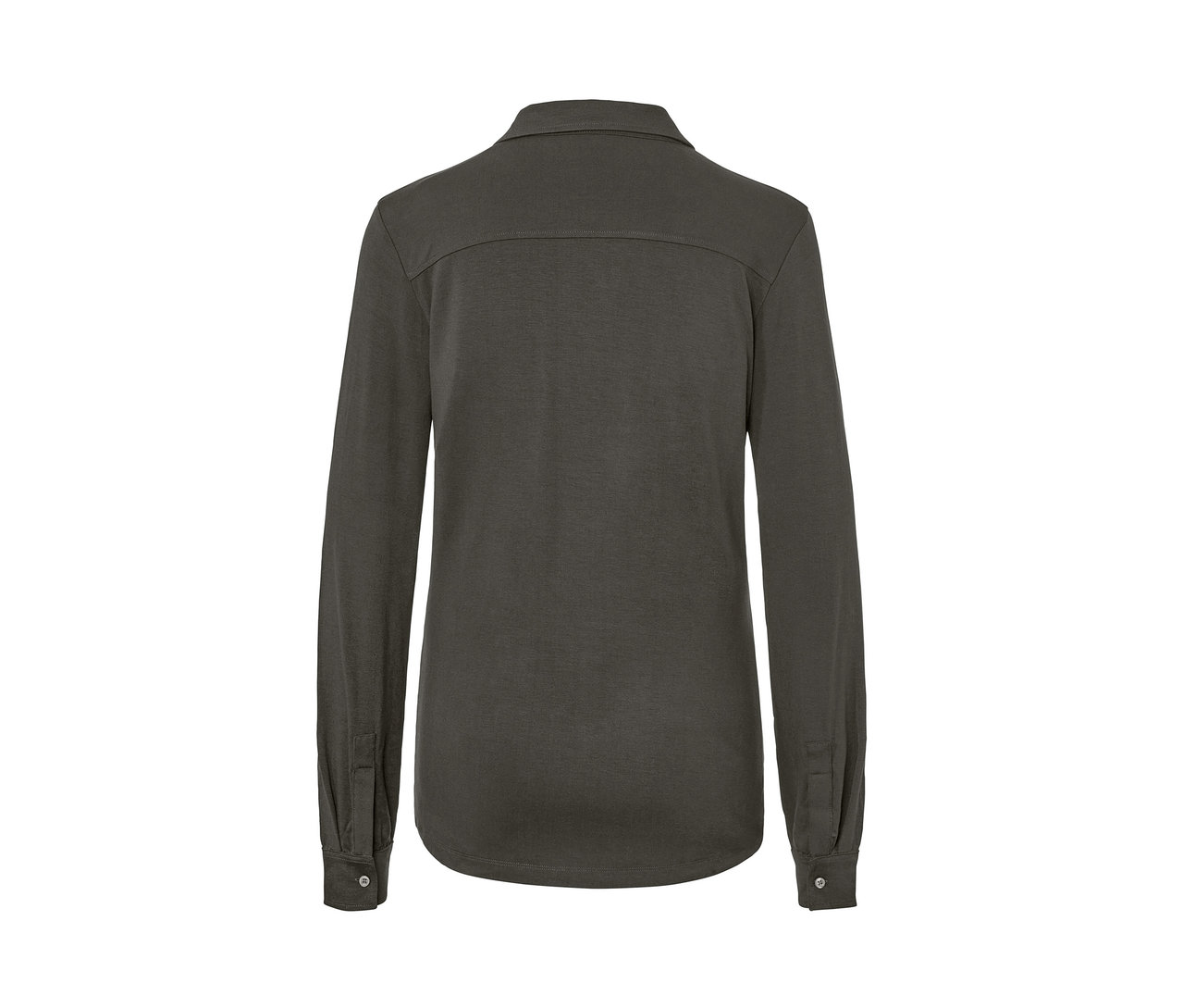 Rückansicht eines dunkelgrauen Blusenshirts mit Knopfleiste.