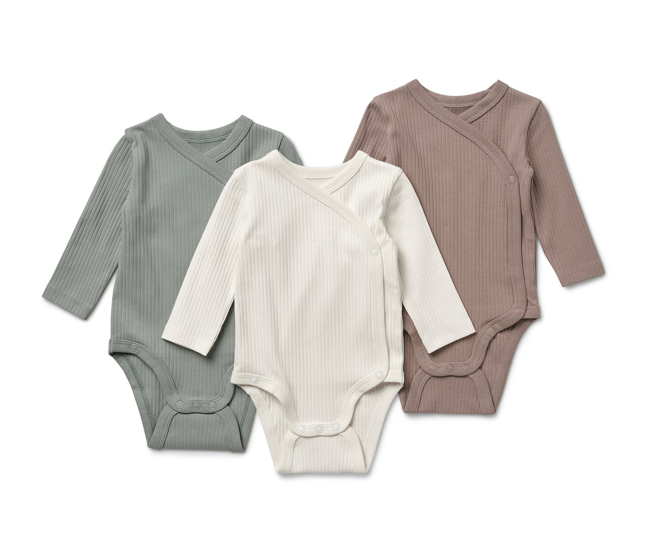 Drei gerippte Baby-Langarmbodys in Grün, Weiß und Braun.