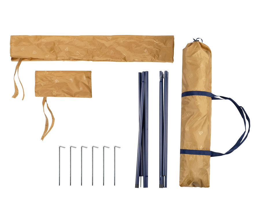 Verpacktes, kleines Tambu Sonnensegel CHADA mit Heringen, Stangen und Hülle.