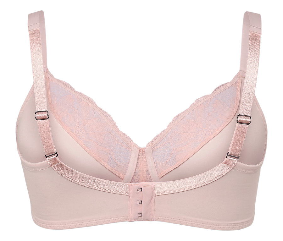 Detailansicht der Rückseite eines hellrosa BHs mit Spitze.