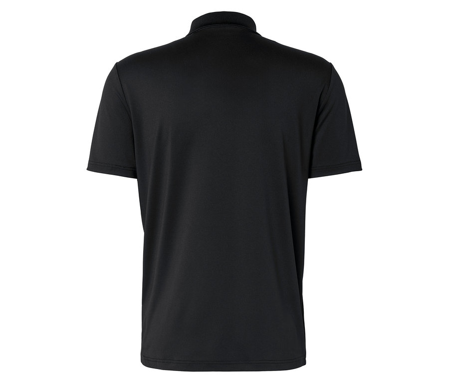 Rückansicht eines schwarzen Poloshirts mit kurzen Ärmeln.