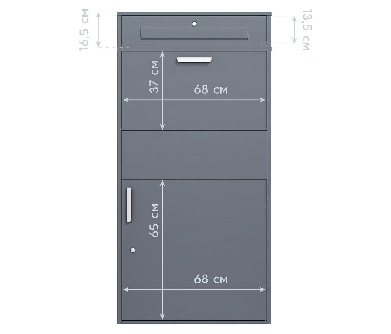 Graue Paketbox XXL mit Maßangaben.
