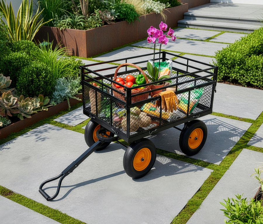 Ein schwarzer Bollerwagen mit orangenen Rädern steht auf einem gepflasterten Weg, beladen mit Gartenzubehör, Gemüse und einer Orchidee.