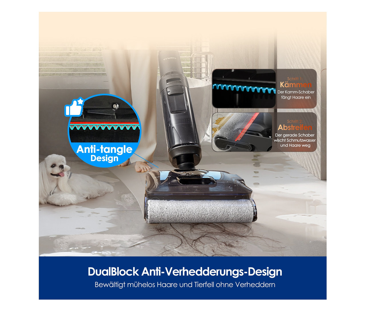 Der Tineco Nass-Trockensauger »S7 Stretch Steam Plus« reinigt Fliesenboden von Tierhaaren. Ein Hund liegt daneben.