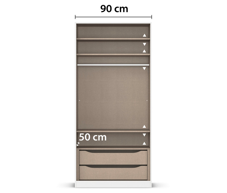 Schmaler, beiger Schrank mit Regalen oben, einer Stange in der Mitte und zwei Schubladen unten. Die Maße 90 cm und 50 cm sind angegeben.