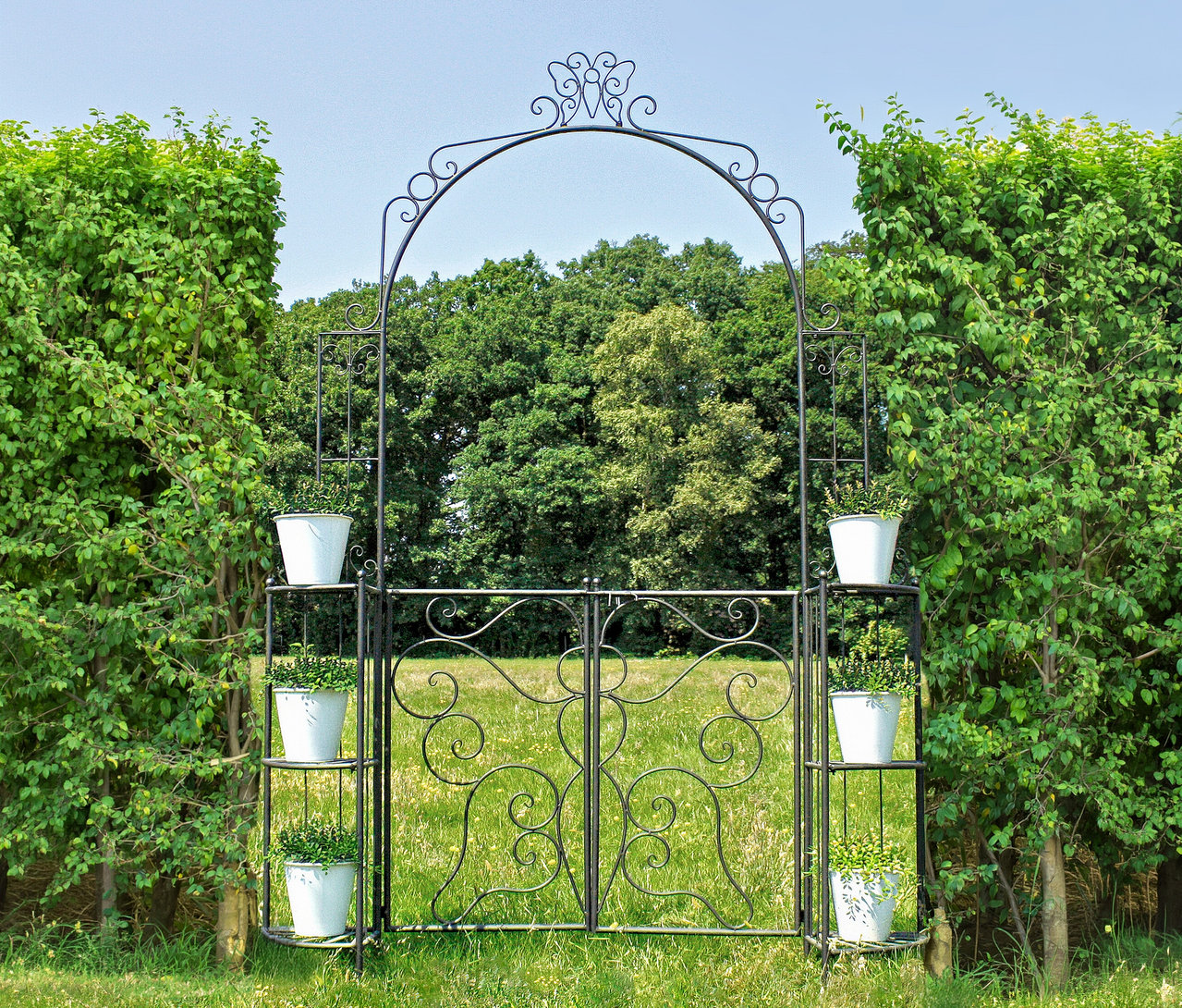 Verzierter, schwarzer Torbogen mit Regalen, auf denen weiße Töpfe mit Pflanzen stehen, vor Bäumen und Rasen.