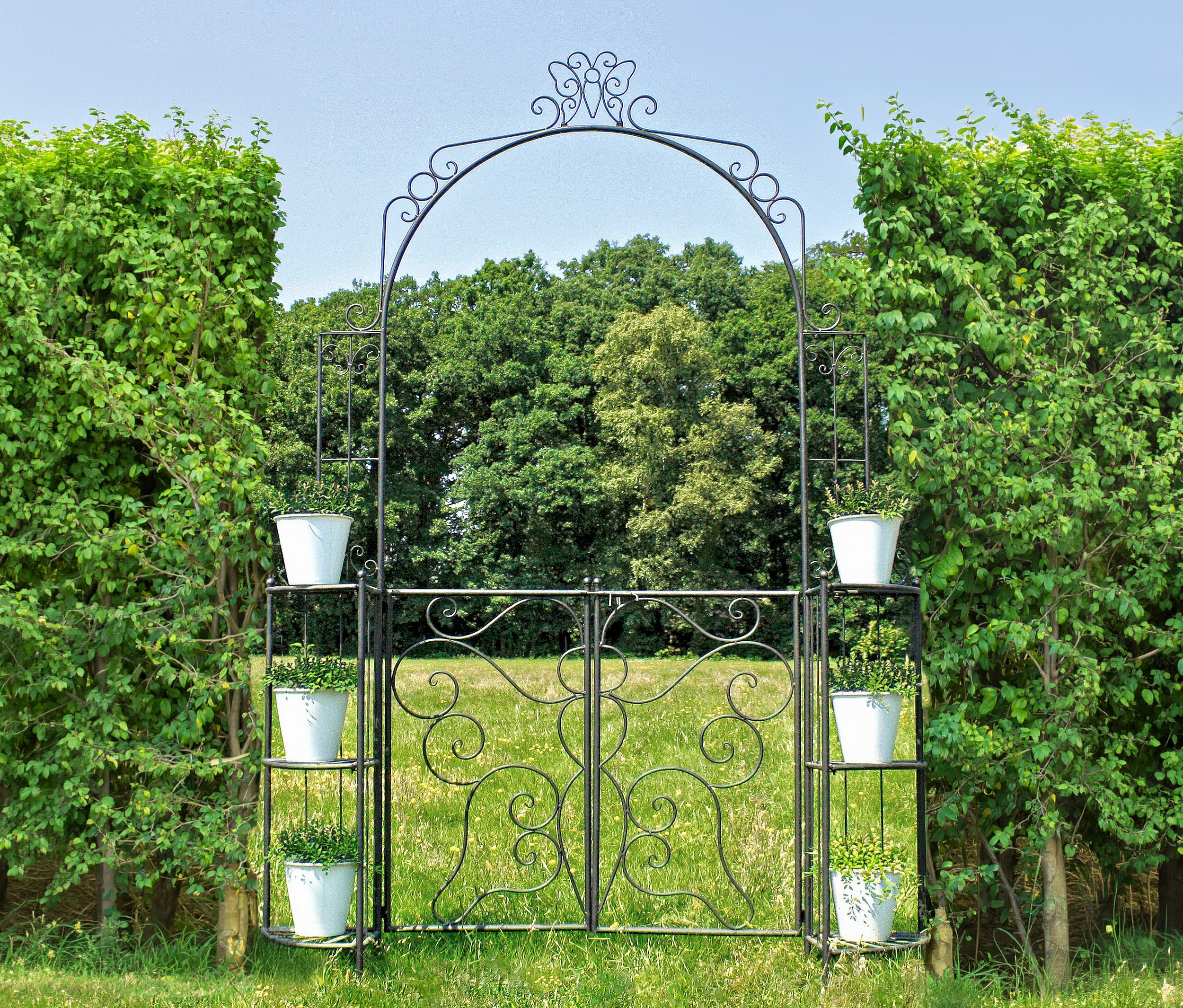 Verzierter, schwarzer Torbogen mit Regalen, auf denen weiße Töpfe mit Pflanzen stehen, vor Bäumen und Rasen.