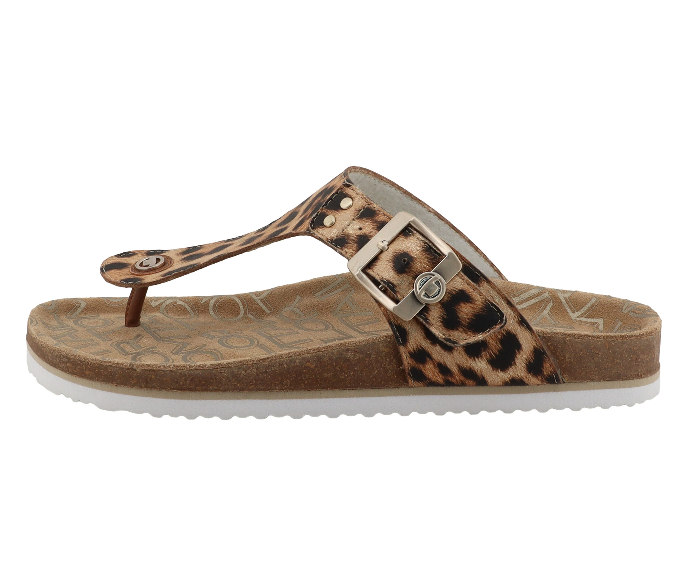 Ein Tom Tailor Zehentrenner im Leo-Design mit weißer Sohle und verstellbarem Riemen.