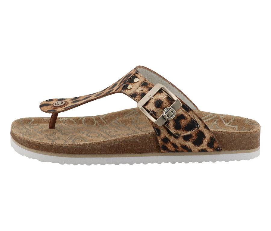 Ein Tom Tailor Zehentrenner im Leo-Design mit weißer Sohle und verstellbarem Riemen.