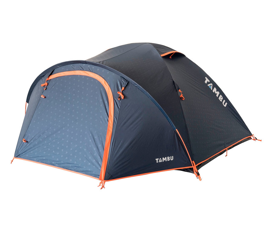 Das Bild zeigt ein »HAIKA 4« 4-Personen-Kuppelzelt von Tambu in Blau und Orange.