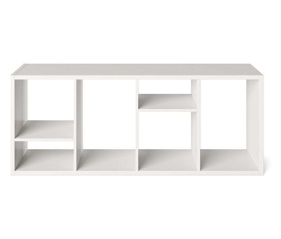 Weißes, rechteckiges Regal mit sechs Fächern unterschiedlicher Größe.