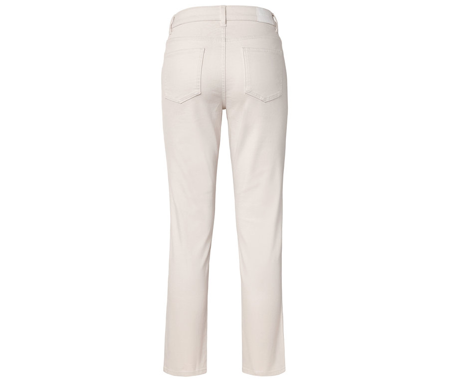 Rückansicht einer hellbeigen, geraden Hose mit Taschen.