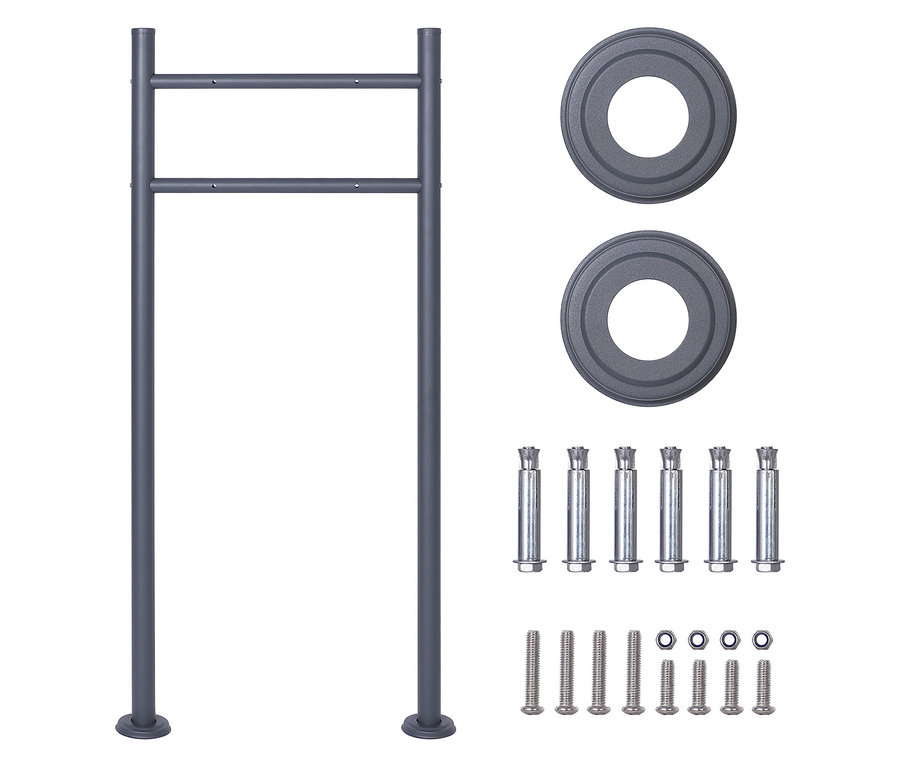 Grauer Handtuchhalter mit zwei Stangen, zwei runden Abdeckungen, sechs Dübeln, sechs Schrauben und vier Muttern.
