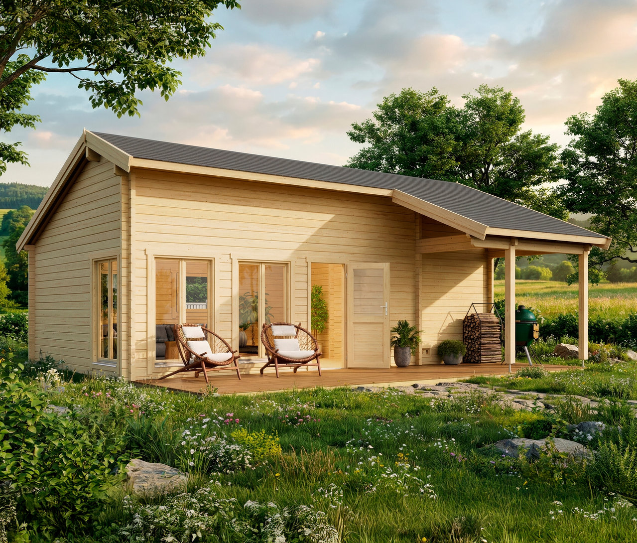 Hölzernes Gartenhaus mit Terrasse und zwei Stühlen im Grünen.