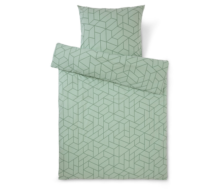 Bettwäsche-Set in Hellgrün mit geometrischem Muster, bestehend aus einem Kissenbezug, einer Bettdecke und einem zusätzlichen Bezug.