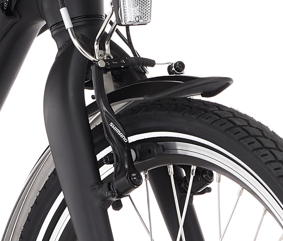 Nahaufnahme des Vorderreifens und der Vorderradbremse eines schwarzen Fischer Cita Agilo 2.0 Faltrads.