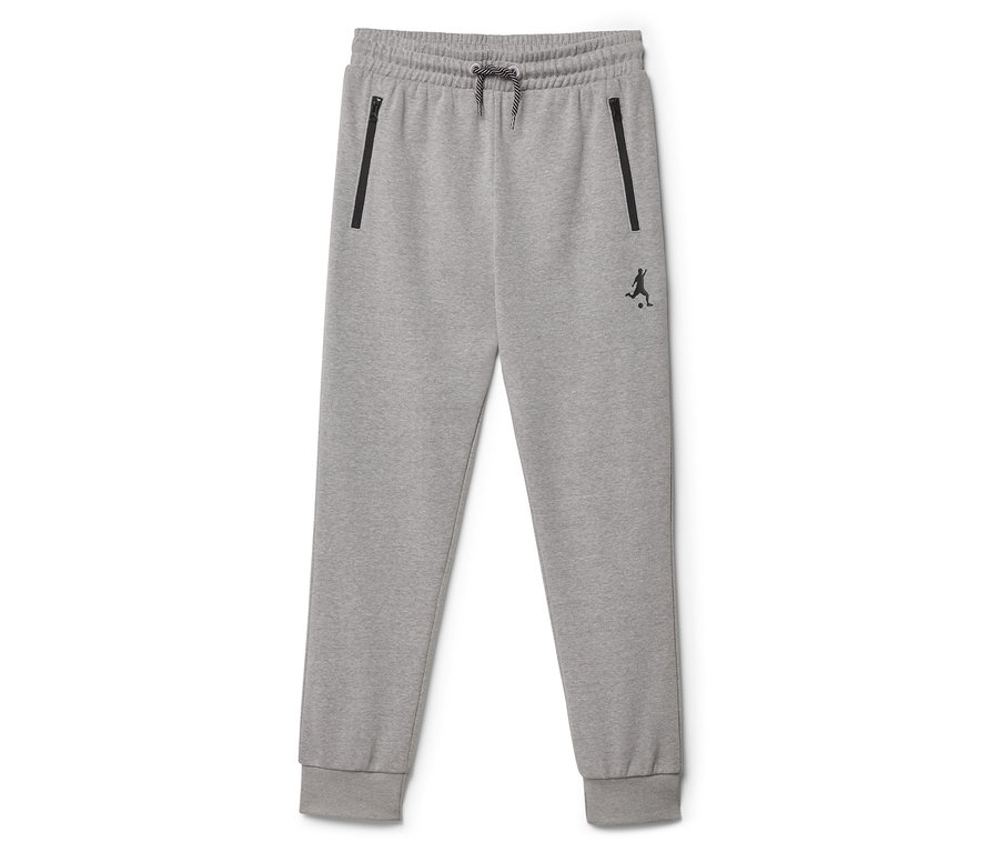 Graue Jogginghose mit Kordelzug und Reißverschlusstaschen.