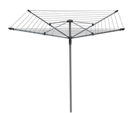 Ein grauer Wäscheständer mit vielen Leinen zum Aufhängen von Kleidung.