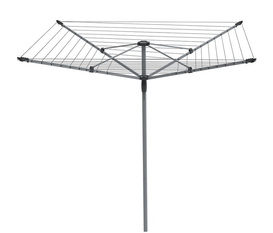 Ein grauer Wäscheständer mit vielen Leinen zum Aufhängen von Kleidung.