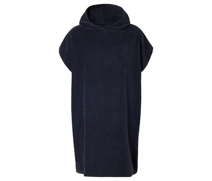 Ein marineblauer, kurzärmliger Badeponcho mit Kapuze liegt auf einem weißen Hintergrund.