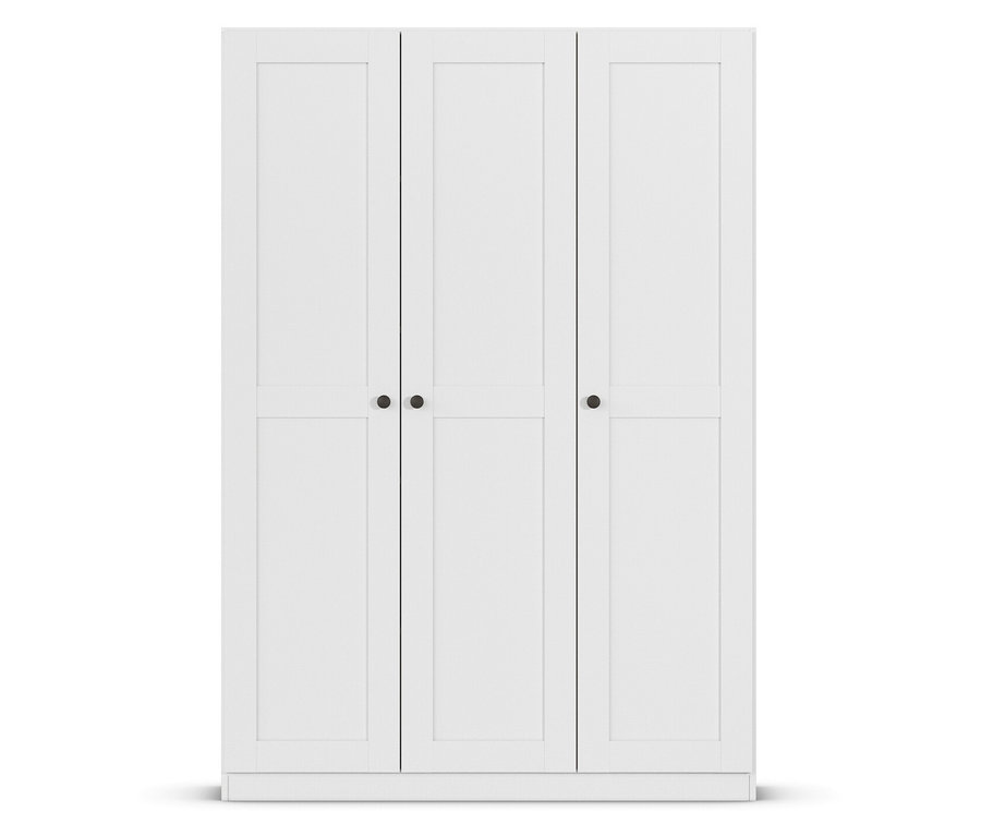 Weißer Kleiderschrank mit drei Türen und schwarzen runden Griffen.