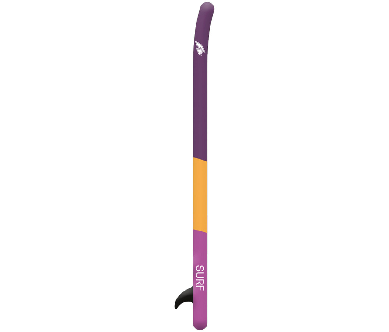 Das F2 SUP-Board »Surf« ist lila-orange und steht aufrecht. Am unteren Ende befindet sich eine schwarze Finne.