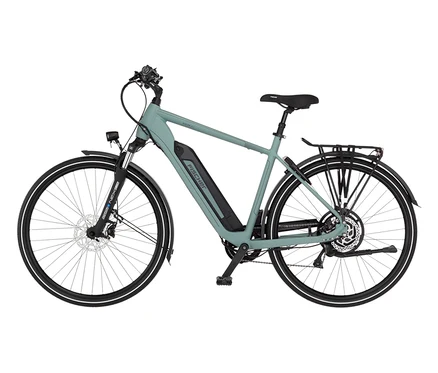 Draufsicht auf ein mintgrünes FISCHER Trekking E-Bike VIATOR 2.1 ACTIVE mit großem Diamant-Rahmen.