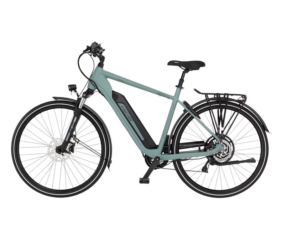 Draufsicht auf ein mintgrünes FISCHER Trekking E-Bike VIATOR 2.1 ACTIVE mit großem Diamant-Rahmen.