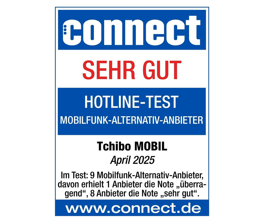 Logo von Connect mit dem Text "SEHR GUT" für Tchibo MOBIL Tarife.