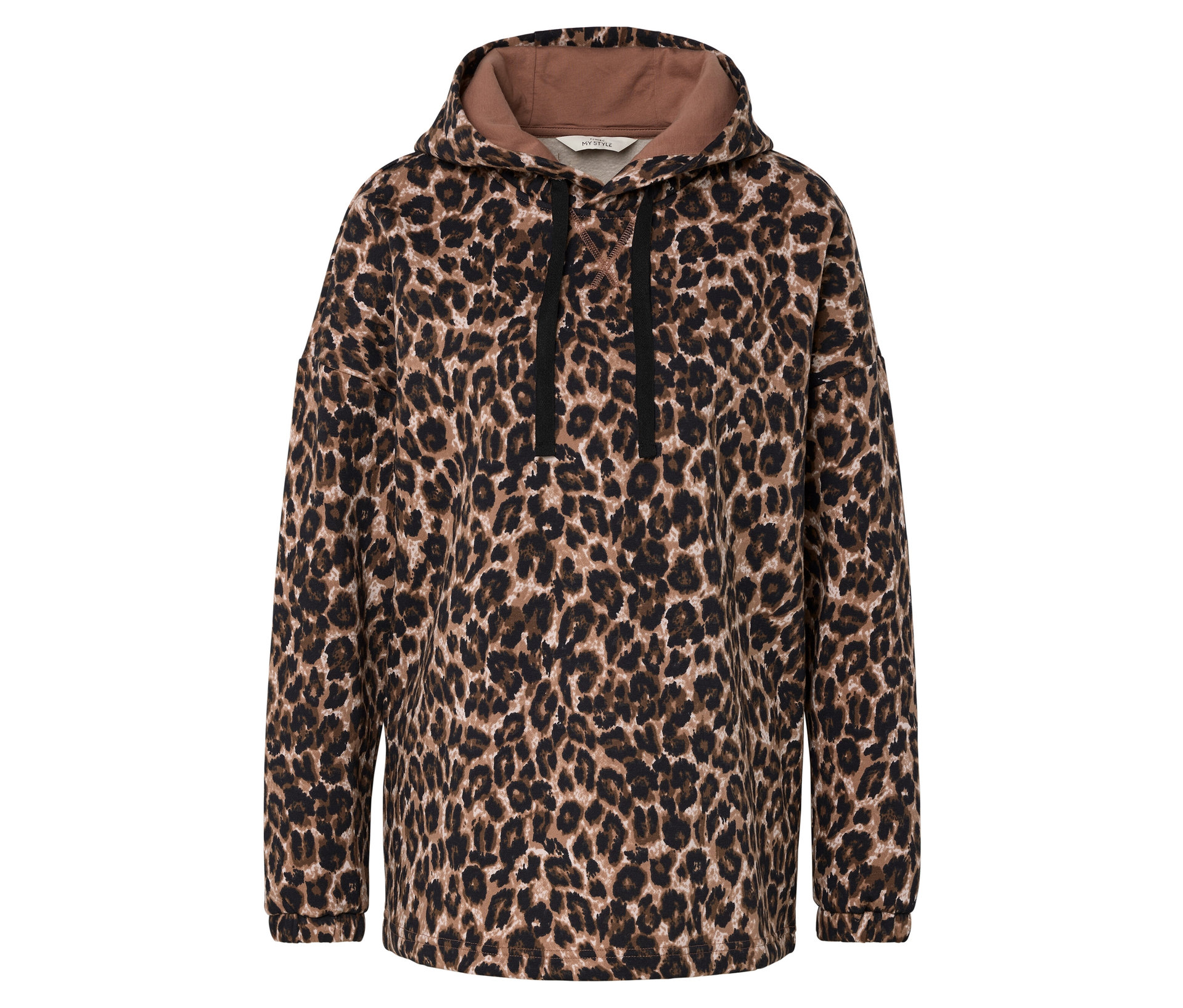 Langes Kapuzensweatshirt mit Leo-Alloverprint - Damen - Gr. L - schwarz/print - schwarz