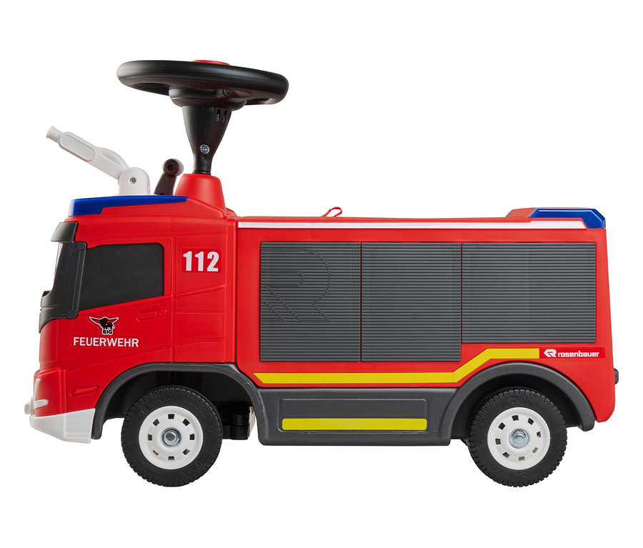 Rotes BIG Rutschauto Feuerwehr mit schwarzem Lenkrad und weißen Rädern auf weißem Grund.