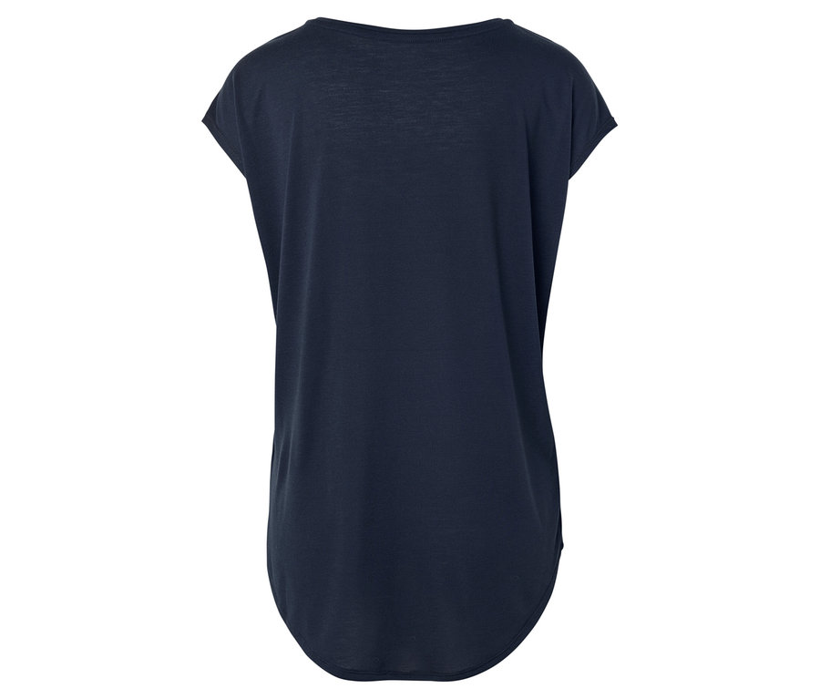 Rückansicht eines marineblauen T-Shirts mit kurzen Ärmeln und abgerundetem Saum.