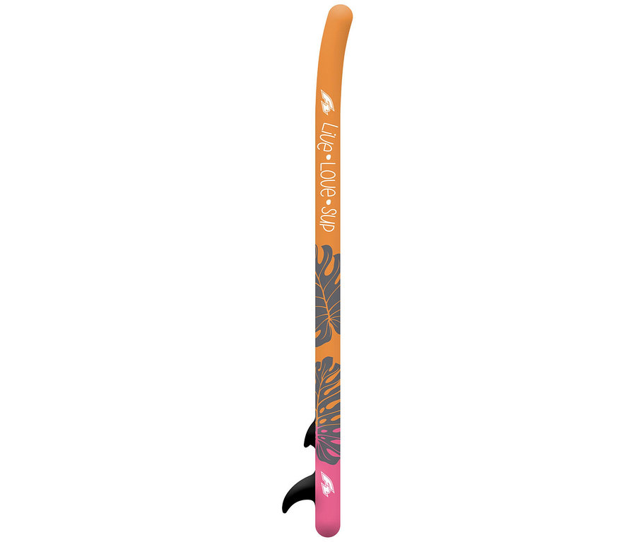 Aufrecht stehendes F2 SUP Board »Happiness« (Board only) mit orangefarbenem Oberteil, tropischem Blattmuster und pinkfarbenem Unterteil.
