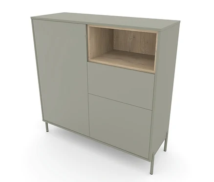 Salbeigrüne Highboard »Hygge« mit zwei Türen, einem offenen Holzfach und zwei Schubladen auf Füßen.