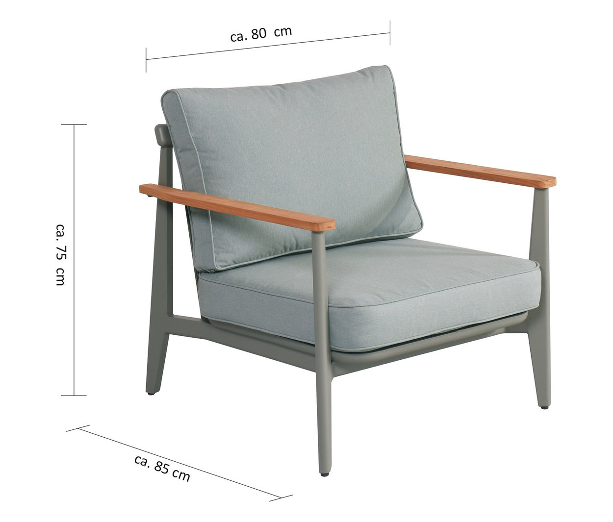 Grauer Leco Lounge-Sessel mit hellbraunen Armlehnen und Maßangaben.