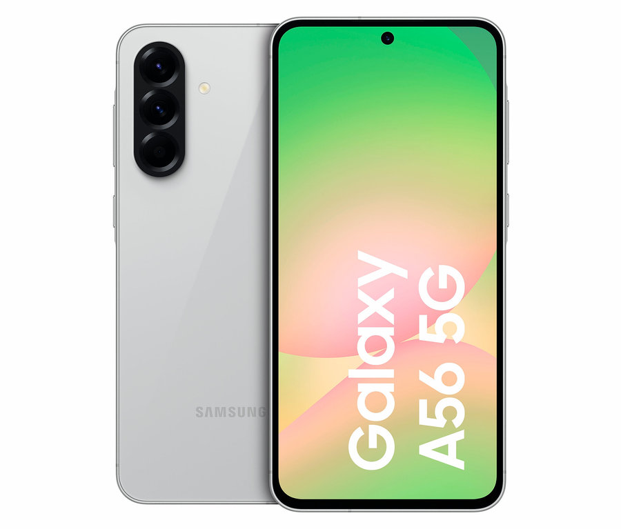 Das Samsung Galaxy A56 5G 128 GB in Lightgray ist von vorne und von hinten dargestellt.