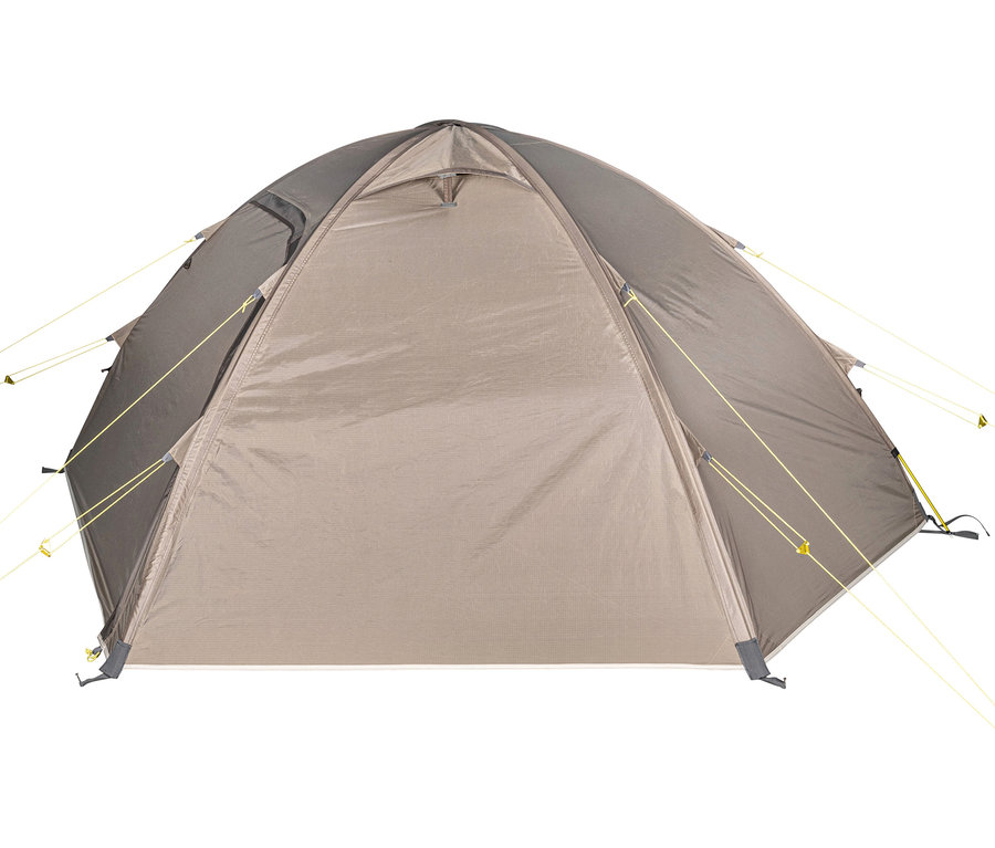 Nahaufnahme des Tambu »KAMALO 2« 2-Personen-Kuppelzelts in Beige und Grau, befestigt mit gelben Spannseilen.