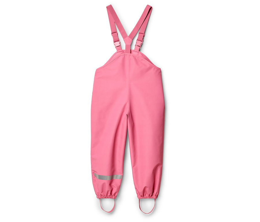Pinke Regenhose mit verstellbaren Trägern und reflektierenden Streifen an den Beinen.