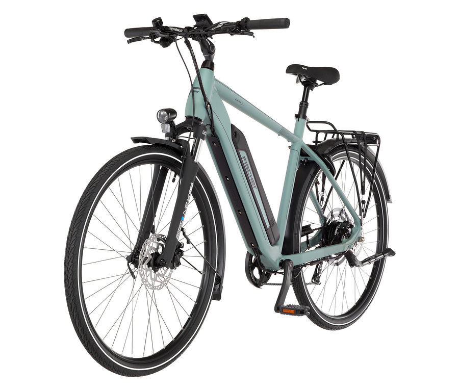 Draufsicht auf ein mintgrünes FISCHER Trekking E-Bike VIATOR 2.1 ACTIVE mit großem Diamant-Rahmen vor einem weißen Hintergrund.