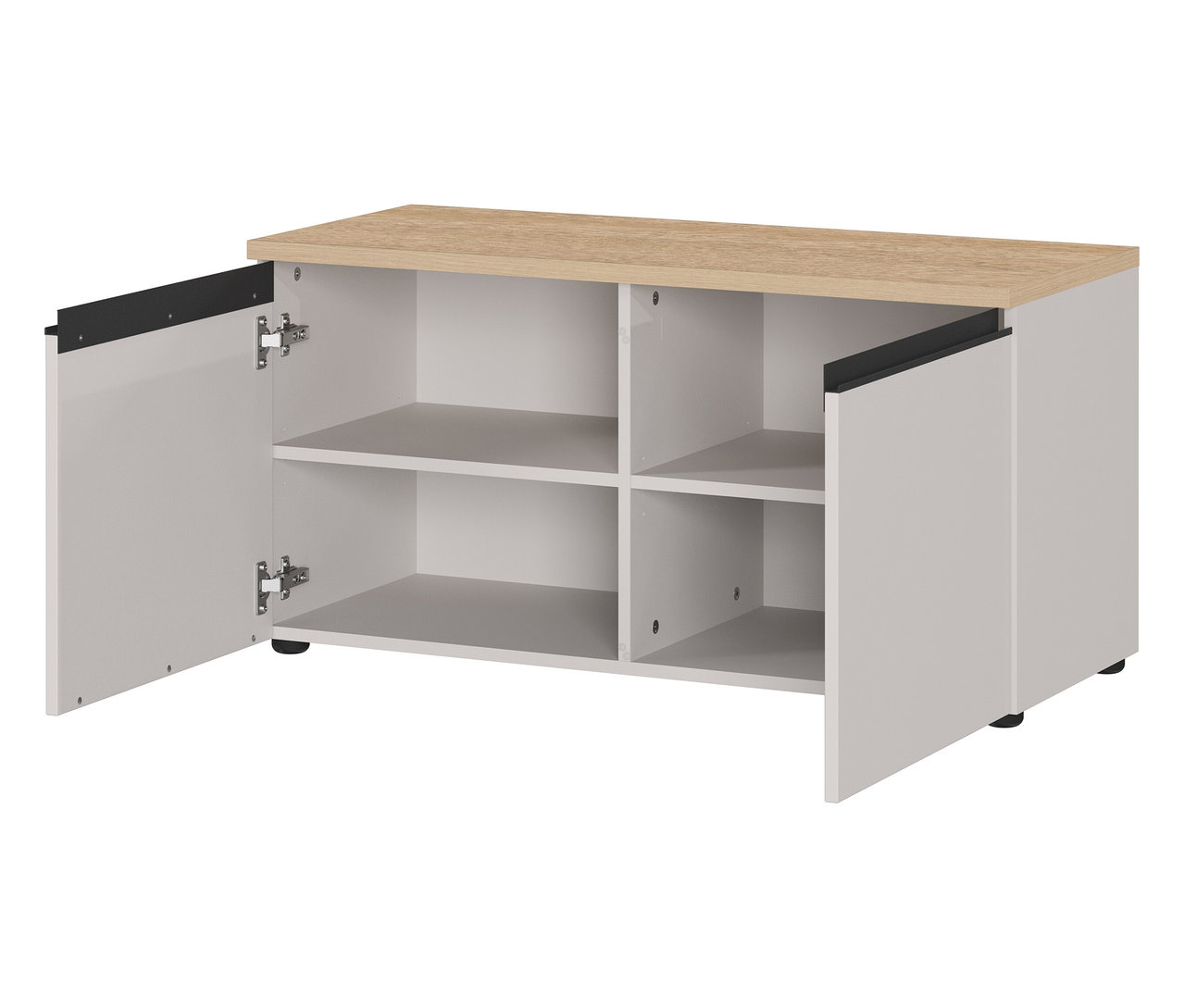 Die Schuhbank »Cormano« mit zwei offenen Türen und vier Fächern ist in Weiß und Holzoptik dargestellt.