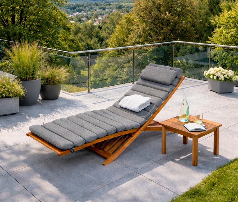 Eine Leco Sonnenliege mit grauer Auflage und weißem Handtuch steht auf einer Terrasse neben einem Holztisch mit Wasserflasche und Glas.