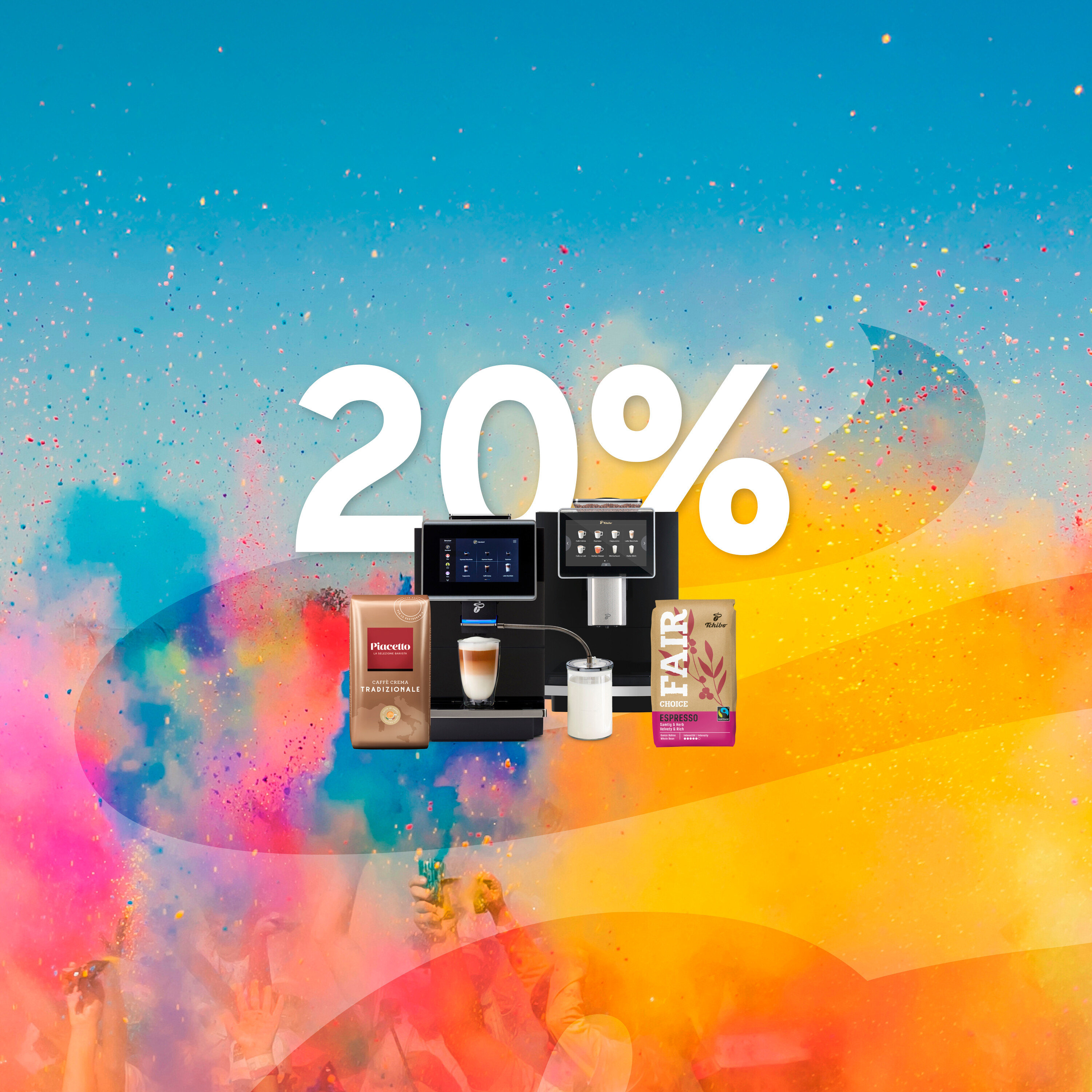 Zwei Kaffeevollautomaten, eine Tasse Kaffee, eine Packung Placeto und eine Packung Fair stehen vor einem Hintergrund mit der Zahl 20.