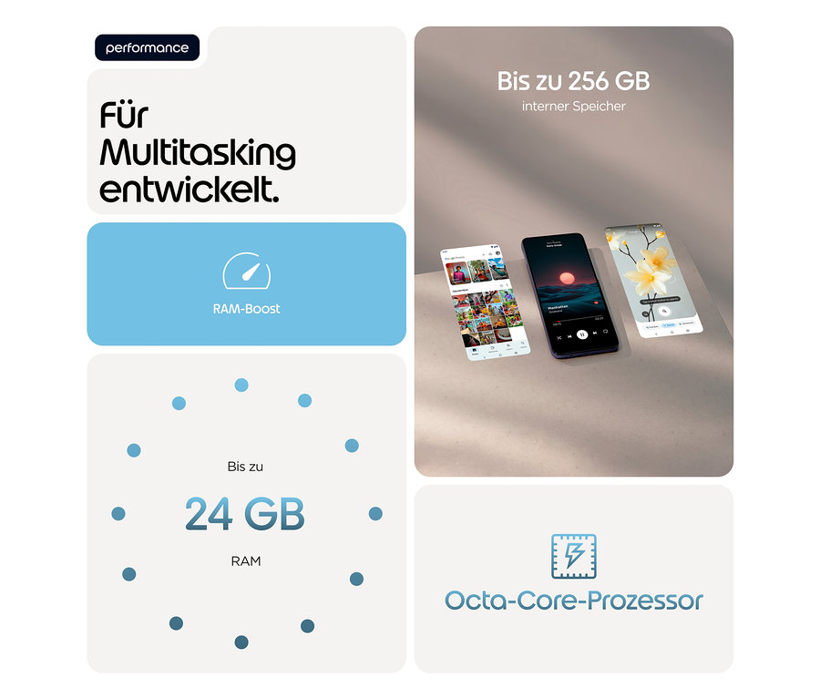 Drei Handys, darunter ein blaues Motorola moto g17 LTE, zeigen verschiedene Apps und Hintergründe.